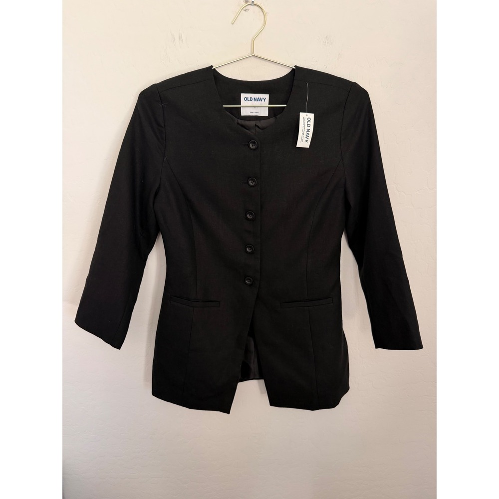 Old Navy Womens Black Linen Blend Parisian Sleeve Button Blazer Size S NWT